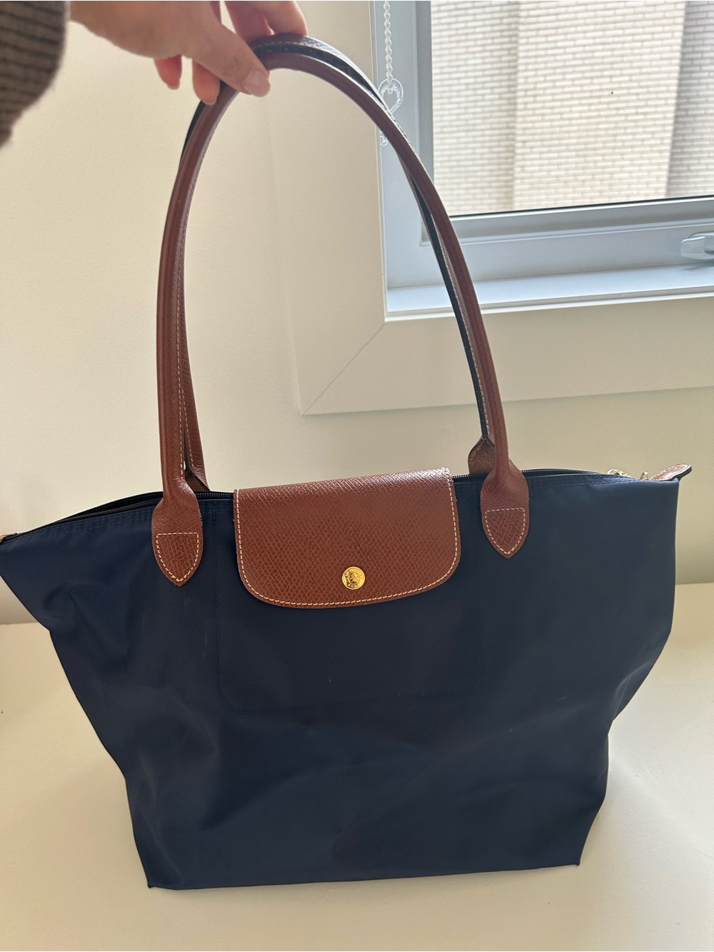 Longchamp Navy Tote with Brown Leather Trim